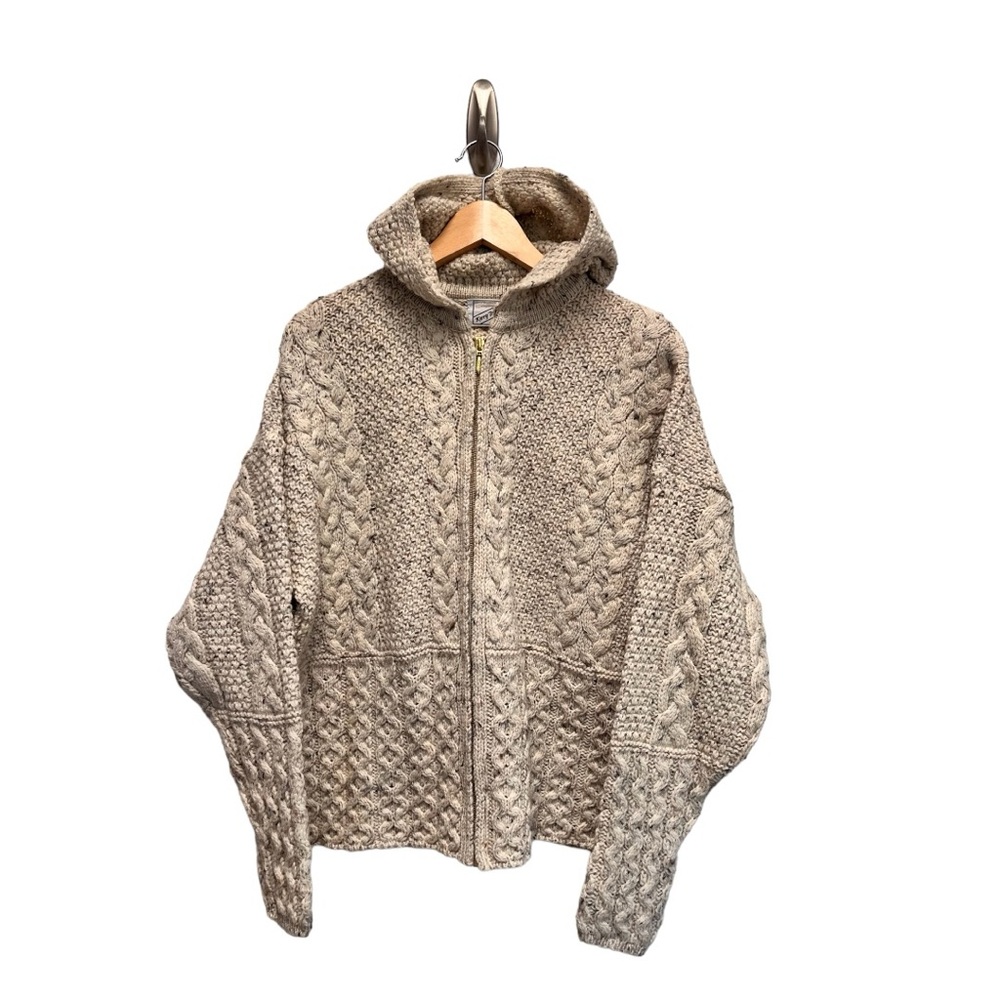 Kerry Woollen Mills Aran Irish Fisherman Wool Hooded Zipper Cardigan Sweater XL
